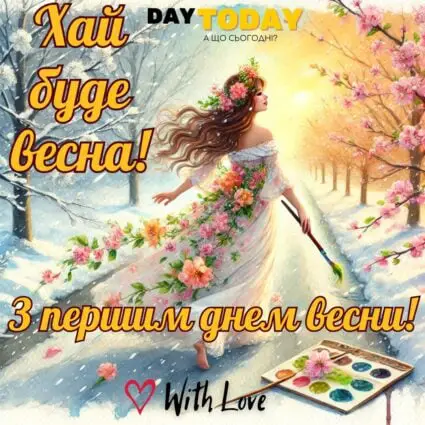 З першим днем весни! Хай буде весна... картинка з дівчиною-весною на перший день весни | Вітальна листівка - Листівки з першим днем весни