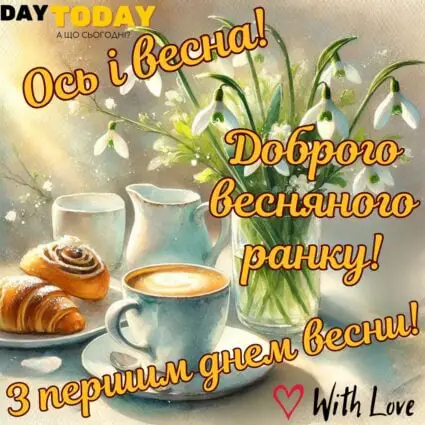 Ось і весна! Доброго весняного ранку! З першим днем весни! картинка з підсніжниками та чашкою кави | Вітальна листівка - Доброго ранку - Добрий день - Теплі листівки - Листівки з першим днем весни