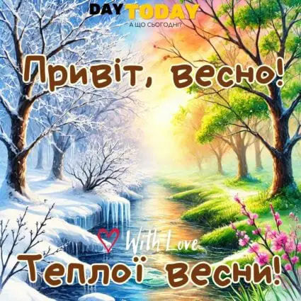 Привіт, весно! Теплої весни! картинка з природою де зима переходить у весну, з першим днем весни | Вітальна листівка - Листівки з першим днем весни