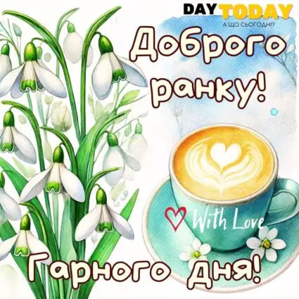 Доброго ранку! Гарного дня! картинка з весняними квітами підсніжниками та чашкою кави | Вітальна листівка - Доброго ранку - Добрий день - Теплі листівки