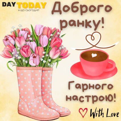 Доброго ранку! Гарного настрою! картинка з чашкою кави та квітами тюльпанами у чобітках | Вітальна листівка - Доброго ранку - Добрий день - Теплі листівки