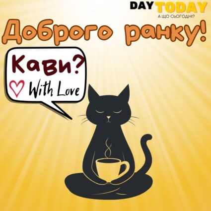 Доброго ранку! Кави? картинка з котиком та чашкою кави | Вітальна листівка - Доброго ранку - Добрий день - Теплі листівки
