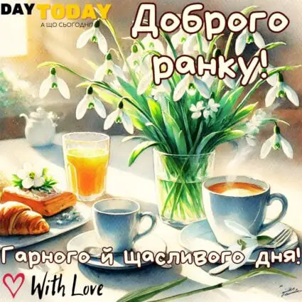 Доброго ранку! Гарного й щасливого дня! картинка з весняними квітами підсніжниками та чашкою кави | Вітальна листівка - Доброго ранку - Добрий день - Теплі листівки