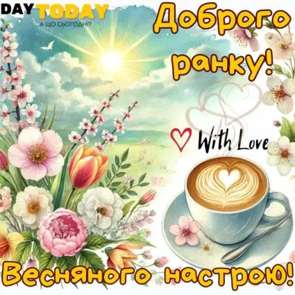 Доброго ранку! весняного настрою! картинка з чашкою кави та квітами | Вітальна листівка - Доброго ранку - Добрий день - Теплі листівки
