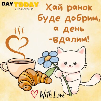 Доброго ранку! Хай ранок буде добрим, а день - вдалим! картинка з чашкою чаю та котиком тепла листівка | Вітальна листівка - Доброго ранку - Добрий день - Теплі листівки