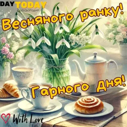 Доброго ранку! Гарного дня! картинка з весняними квітами підсніжниками та чашкою кави, булочками | Вітальна листівка - Доброго ранку - Добрий день - Теплі листівки