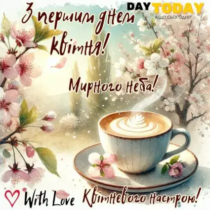 З першим днем квітня! Квітневого настрою! картинка з квітами на деревах та чашкою кави | Вітальна листівка - Листівка на перший день квітня