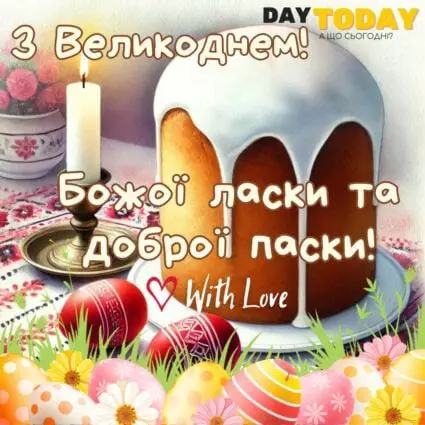 З Великоднем! Христос Воскрес! Божої ласки та доброї паски! листівка з крашанками, свічкою та паскою | Вітальна листівка - Листівка на Великдень