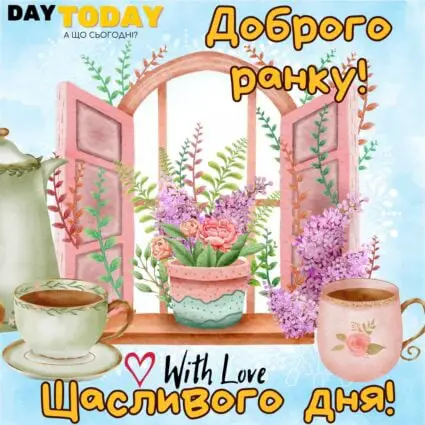Доброго ранку! Щасливого дня! картинка з весняними квітами бузком та чашками кави або чаю | Вітальна листівка - Доброго ранку - Добрий день - Теплі листівки