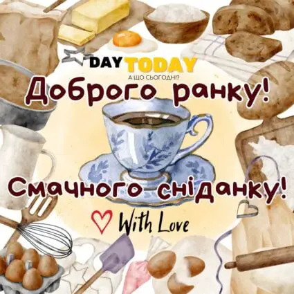 Доброго ранку! Смачного сніданку! листівка з чашкою кави та сніданком | Вітальна листівка - Доброго ранку - Теплі листівки