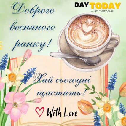 Доброго весняного ранку! Хай сьогодні щастить! картинка з весняними квітами та чашкою кави | Вітальна листівка - Доброго ранку - Добрий день - Теплі листівки