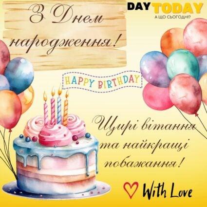 З Днем народження! картинка з тортиком, кульками та побажаннями для чоловіків або для жінок |Вітальна листівка - Листівки з днем народження
