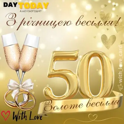 З річницею весілля! Золоте весілля, 50 років разом, пʼятдесят років шлюбу, тепла листівка з квітами та келихами на 50 років весілля, пʼятдесят років весілля |Вітальна листівка - Весільні листівки - З річницею весілля