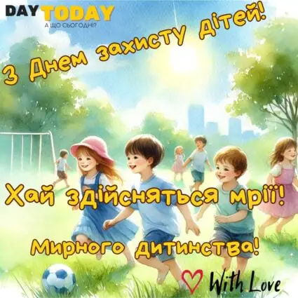 З Днем захисту дітей! Хай здійсняться мрії! Мирного дитинства! картинка на 1 червня День захисту дітей | Вітальна листівка - Листівка на День захисту дітей