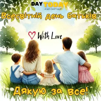 Дякую за все! листівка з сімʼєю на природі на Всесвітній день батьків | Вітальна листівка - Листівка на Всесвітній день батьків