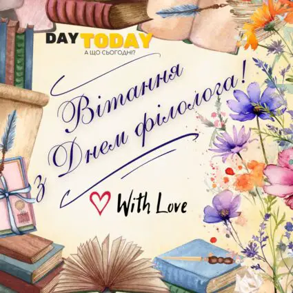 Вітання з днем філолога! тепла листівка з квітами та книгами | Вітальна листівка - Листівка на День філолога