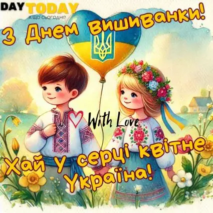 З Днем вишиванки! Хай у серці квітне Україна! картинка на день вишиванки з дітками у вишиванках | Вітальна листівка - Листівка на День вишиванки