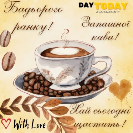 Доброго ранку! Бадьорого ранку! Хай сьогодні щастить! картинка з чашкою кави, тепла листівка | Вітальна листівка - Доброго ранку - Добрий день - Теплі листівки