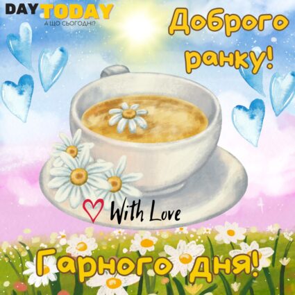 Доброго ранку! Гарного дня! картинка з собачкою квітами та чашкою чаю, тепла листівка | Вітальна листівка - Доброго ранку - Добрий день - Теплі листівки