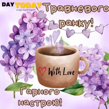 Доброго ранку! Травневого ранку! Гарного настрою! листівка з квітами бузком та кавою | Вітальна листівка - Доброго ранку - Добрий день - Теплі листівки - Листівка на перший день травня
