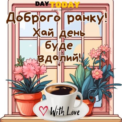 Доброго ранку! Хай день буде вдалий! листівка з чашкою кави та квітами на підвіконні | Вітальна листівка - Доброго ранку - Теплі листівки