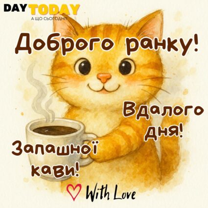 Доброго ранку! Запашної кави! Вдалого дня! листівка з чашкою кави та котиком | Вітальна листівка - Доброго ранку - Теплі листівки