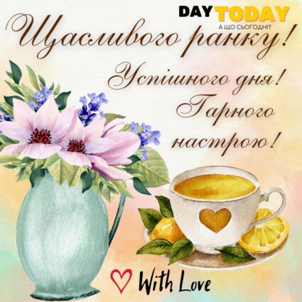 Доброго ранку! Щасливого ранку! Успішного дня! Гарного настрою! листівка з чашкою чаю та квітами | Вітальна листівка - Доброго ранку - Теплі листівки