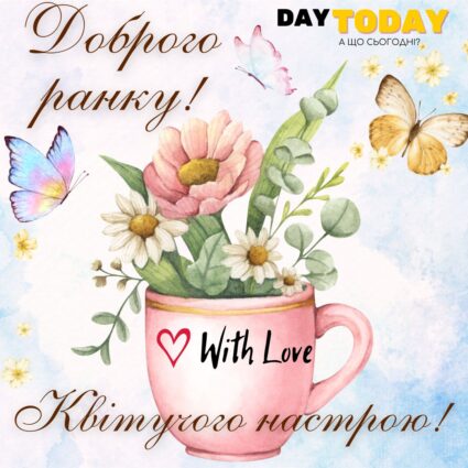 Доброго ранку! Квітучого настрою! картинка з чашкою, квітами та метеликами, тепла листівка | Вітальна листівка - Доброго ранку - Добрий день - Теплі листівки