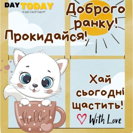 Доброго ранку! Прокидайся! Хай сьогодні щастить! листівка з чашкою, котиком та сонечком | Вітальна листівка - Доброго ранку - Теплі листівки