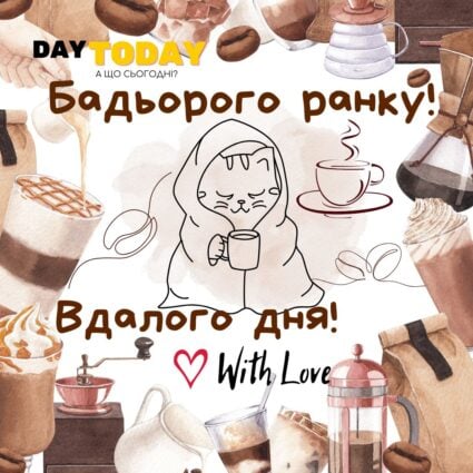 Доброго ранку! Бадьорого ранку! Вдалого дня! картинка з котиком та кавою, тепла листівка | Вітальна листівка - Доброго ранку - Добрий день - Теплі листівки