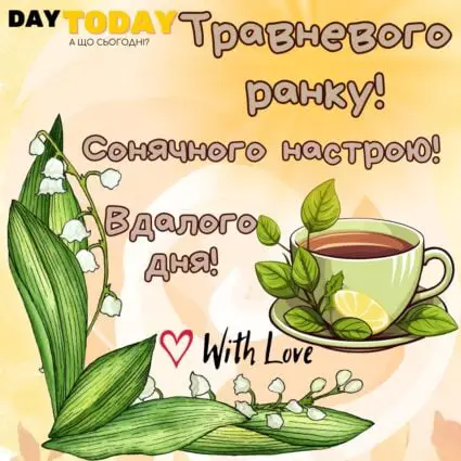 Доброго ранку! Травневого ранку! Сонячного настрою! Вдалого дня! листівка з квітами конваліями та ччаєм | Вітальна листівка - Доброго ранку - Добрий день - Теплі листівки - Листівка на перший день травня