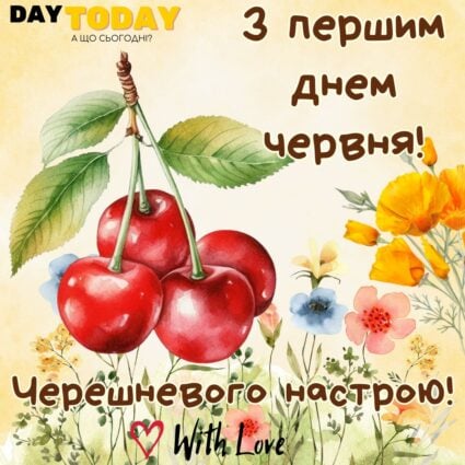 З першим днем червня! Черешневого настрою! листівка на перший день літа з черешнями| Вітальна листівка - Літня листівка - Листівка на перший день літа