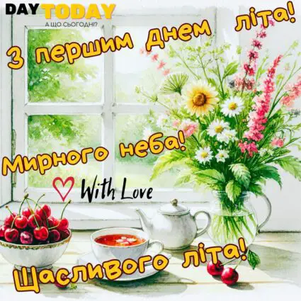 З першим днем літа! Щасливого літа! картинка з квітами та черенями, чашкою на підвіконні | Вітальна листівка - Літня листівка - Листівка на перший день літа