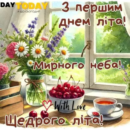 З першим днем літа! Щедрого літа! картинка з квітами , чашкою чаю та черешнями на підвіконні | Вітальна листівка - Літня листівка - Листівка на перший день літа