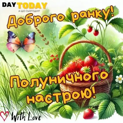 Доброго ранку! Полуничного настрою! тепла листівка з кошиком полуниці| Вітальна листівка - Доброго ранку - Добрий день - Теплі листівки