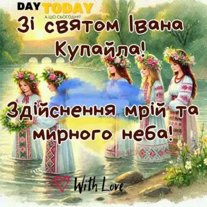 Зі святом Івана Купайла! Здійснення мрій! картинка з віночками та дівчатами біля річки на Івана Купала | Вітальна листівка - Листівка на Івана Купала