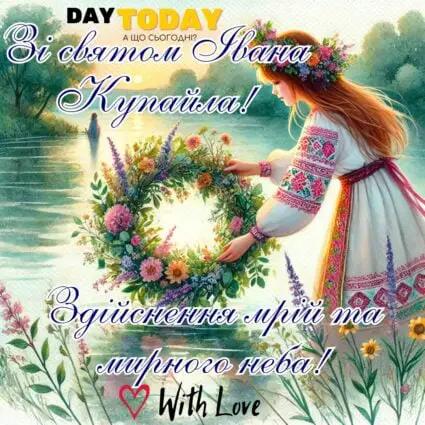 Зі святом Івана Купайла! Здійснення мрій! картинка з віночком та дівчиною на річці на Івана Купала | Вітальна листівка - Листівка на Івана Купала
