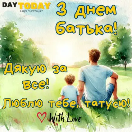 З Днем батька! Дякую за все! Люблю тебе, татусю! тепла листівка для татка на День батька | Вітальна листівка - Листівка на Міжнародний день батька та День батька в Україні