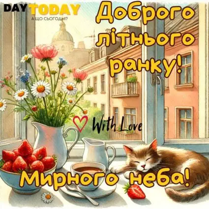Доброго літнього ранку! картинка з кавою, квітами та котиком на підвіконні, тепла літня листівка | Вітальна листівка - Доброго ранку - Добрий день - Теплі листівки