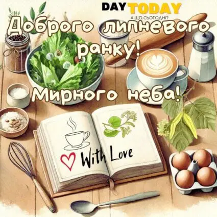 Доброго липневого ранку! картинка з чашкою кави та книгою, липою | Вітальна листівка - Доброго ранку - Добрий день - Теплі листівки - Літня листівка - Листівка на перший день липня