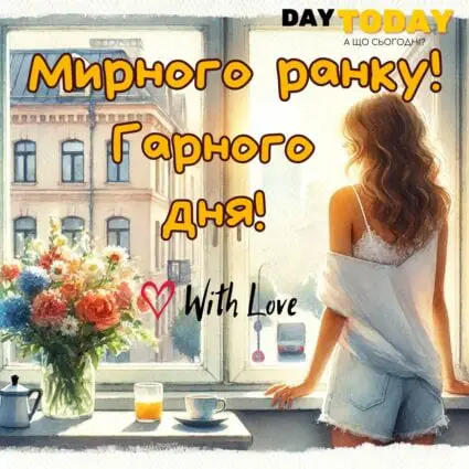 Доброго ранку! Мирного ранку! Гарного дня! картинка з квітами та чашкою й дівчиною біля вікна, тепла листівка | Вітальна листівка - Доброго ранку - Добрий день - Теплі листівки