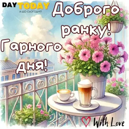 Доброго ранку! картинка з квітами петуніями та чашками кави на балконі, тепла листівка | Вітальна листівка - Доброго ранку - Добрий день - Теплі листівки