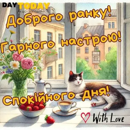 Доброго літнього ранку! картинка з котиком, ягодами полуниці та чашкою на підвіконні, тепла листівка | Вітальна листівка - Доброго ранку - Добрий день - Теплі листівки