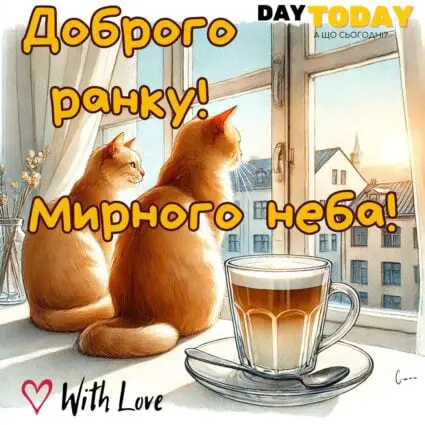 Доброго ранку! картинка з двома котиками та чашкою кави тепла листівка | Вітальна листівка - Доброго ранку - Добрий день - Теплі листівки