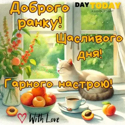 Доброго літнього ранку! Гарного настрою! Щасливого дня! картинка з абрикосами, котиком та чашкою чаю на підвіконні, тепла листівка | Вітальна листівка - Доброго ранку - Добрий день - Теплі листівки