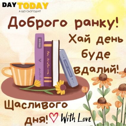Доброго ранку! Хай день буде вдалий! Щасливого дня! картинка з квітами, книгами та чашкою тепла листівка | Вітальна листівка - Доброго ранку - Добрий день - Теплі листівки