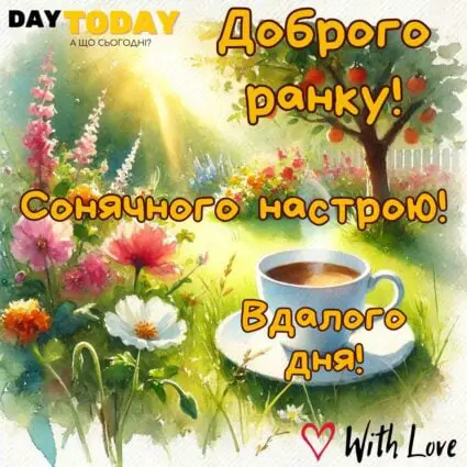 Доброго ранку! Сонячного ранку! Вдалого дня! картинка з квітами у саду та чашкою кави, тепла українська листівка. Більше теплих листівок на нашому сайті daytoday.ua Переходьте за посиланням!