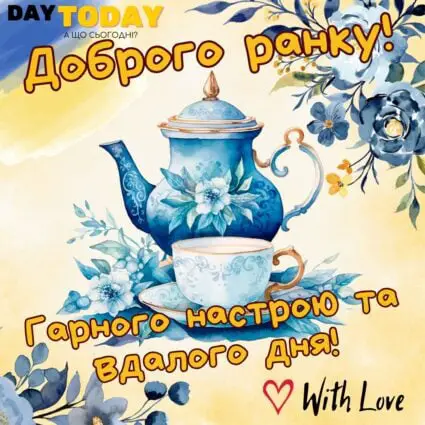 Доброго ранку! Гарного настрою та вдалого дня! картинка з квітами та чашкою чаю тепла листівка | Вітальна листівка - Доброго ранку - Добрий день - Теплі листівки