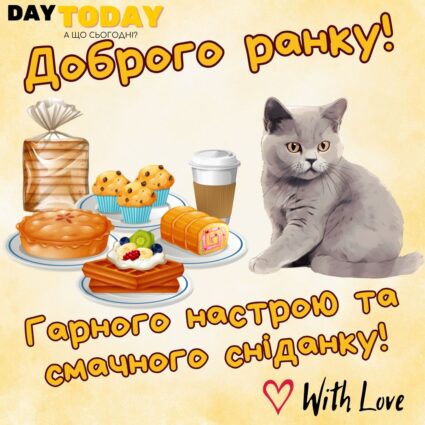 Доброго ранку! Гарного настрою та смачного сніданку! картинка з котиком, сніданком та чашкою кави, тепла українська листівка. Більше теплих листівок на нашому сайті daytoday.ua Переходьте за посиланням!