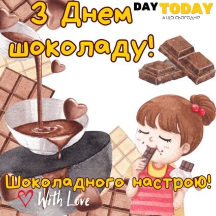 З Днем шоколаду! Шоколадного настрою! картинка на Всесвітній день шоколаду | Вітальна листівка - Листівка на Всесвітній день шоколаду